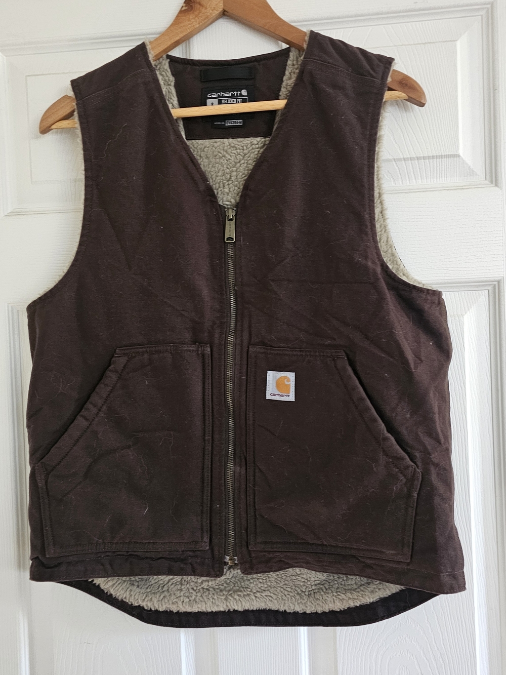 Carhartt Relaxed Fit Washed Duck Sherpa Lined Vest Brown Mens Small Chore Vest
